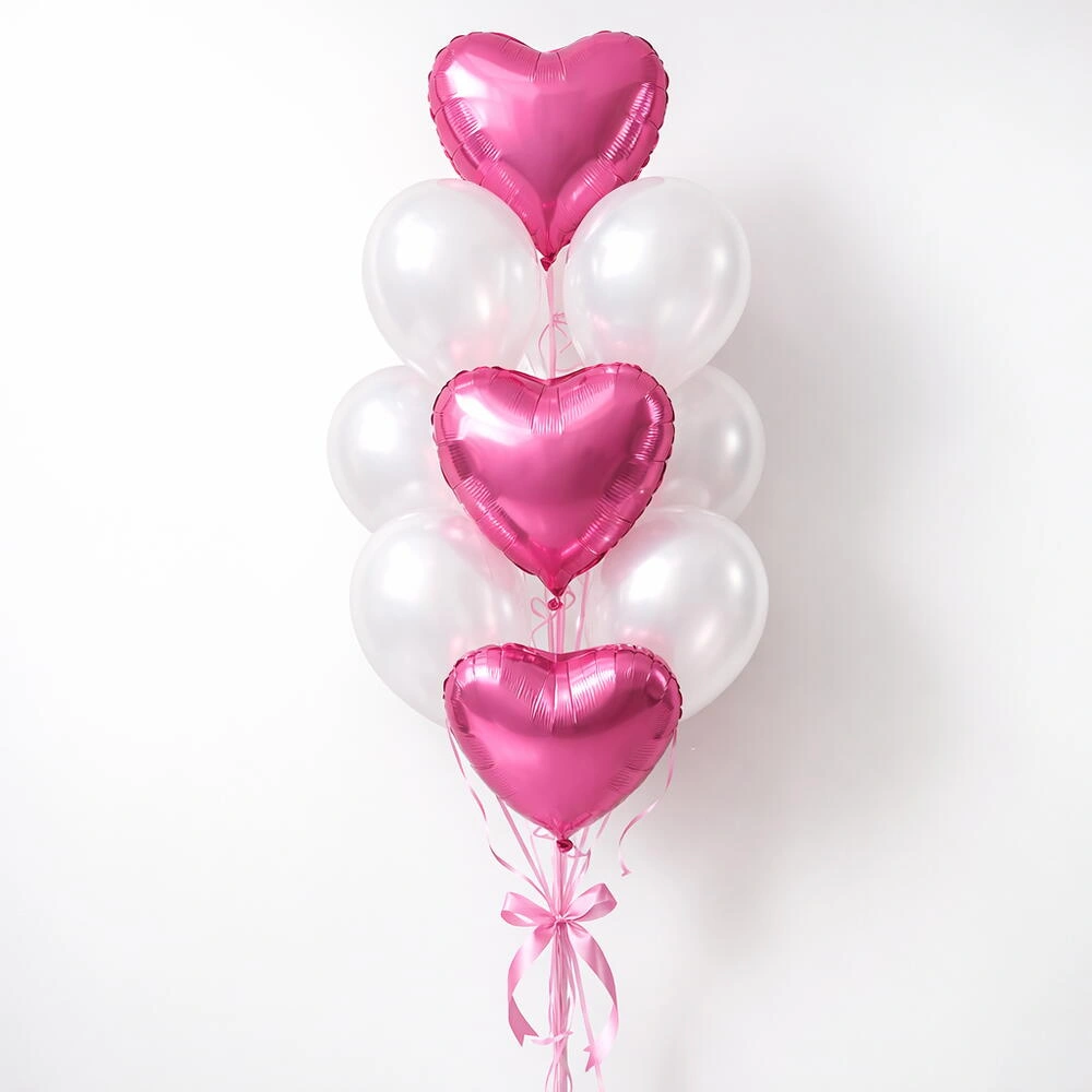 White and pink heart balloon set with 10 white latex balloons and 3 pink foil heart balloons for romantic party decorations