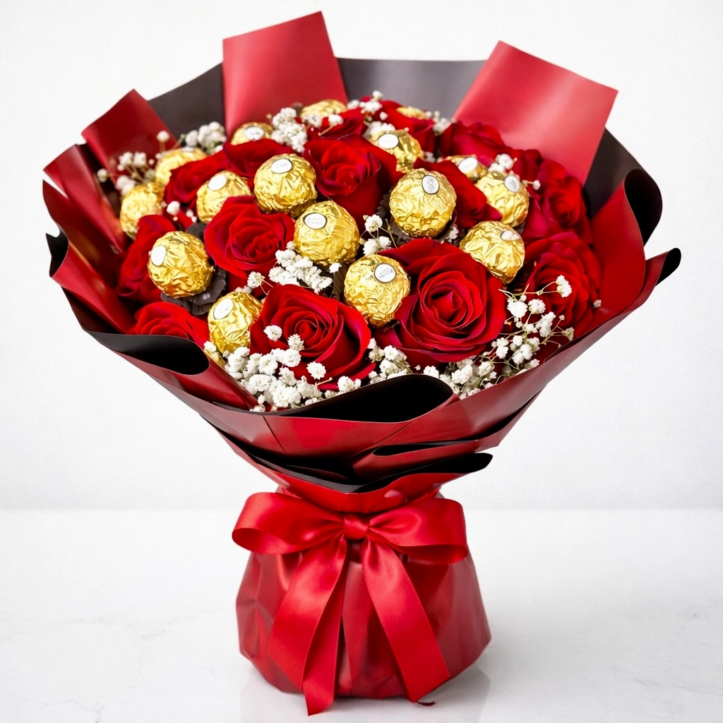 16 red roses and 15 chocolates bouquet arranged in premium wrapping for romantic gifting