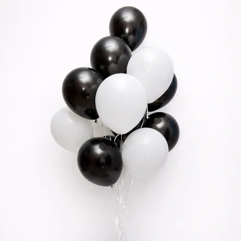 Black and white 16 piece latex balloon set for birthdays, weddings, anniversaries, elegant parties, and event decorations