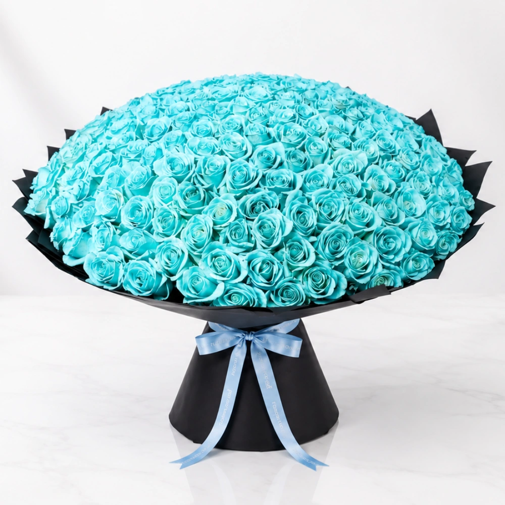 201 Light Blue Roses Grand Luxury Bouquet with fresh green fillers and premium wrapping for grand romantic celebrations