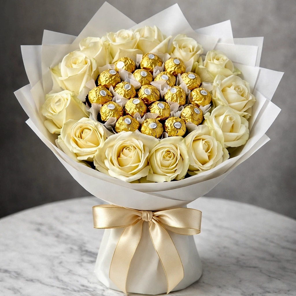 15 white roses chocolates bouquet with Ferrero Rocher chocolates in luxury wrapping