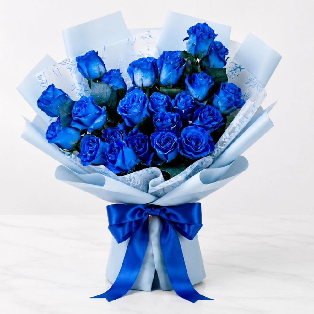 21 Dark Blue Roses Luxury Bouquet with fresh green fillers and premium wrapping for romantic gifting and special celebrations