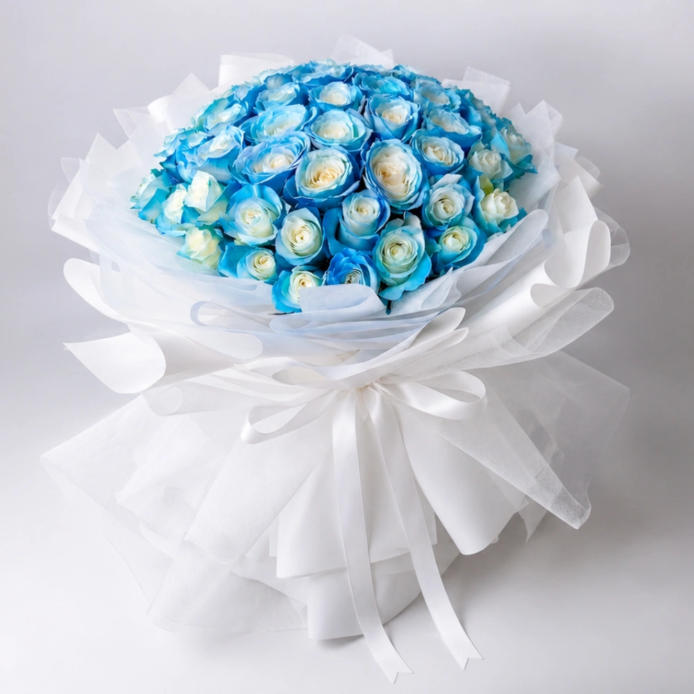 41 Light Blue Roses Luxury Arrangement with fresh green fillers and premium wrapping for birthdays, anniversaries and celebrations