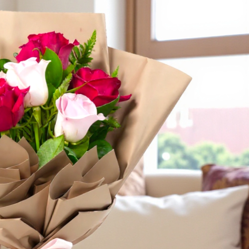 A bouquet of 6 red and Pink roses in a nice wrapping