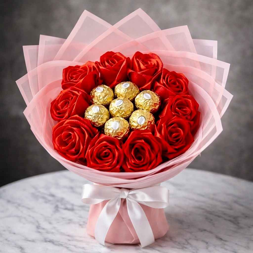 11 red roses chocolates bouquet with Ferrero Rocher chocolates in elegant wrapping