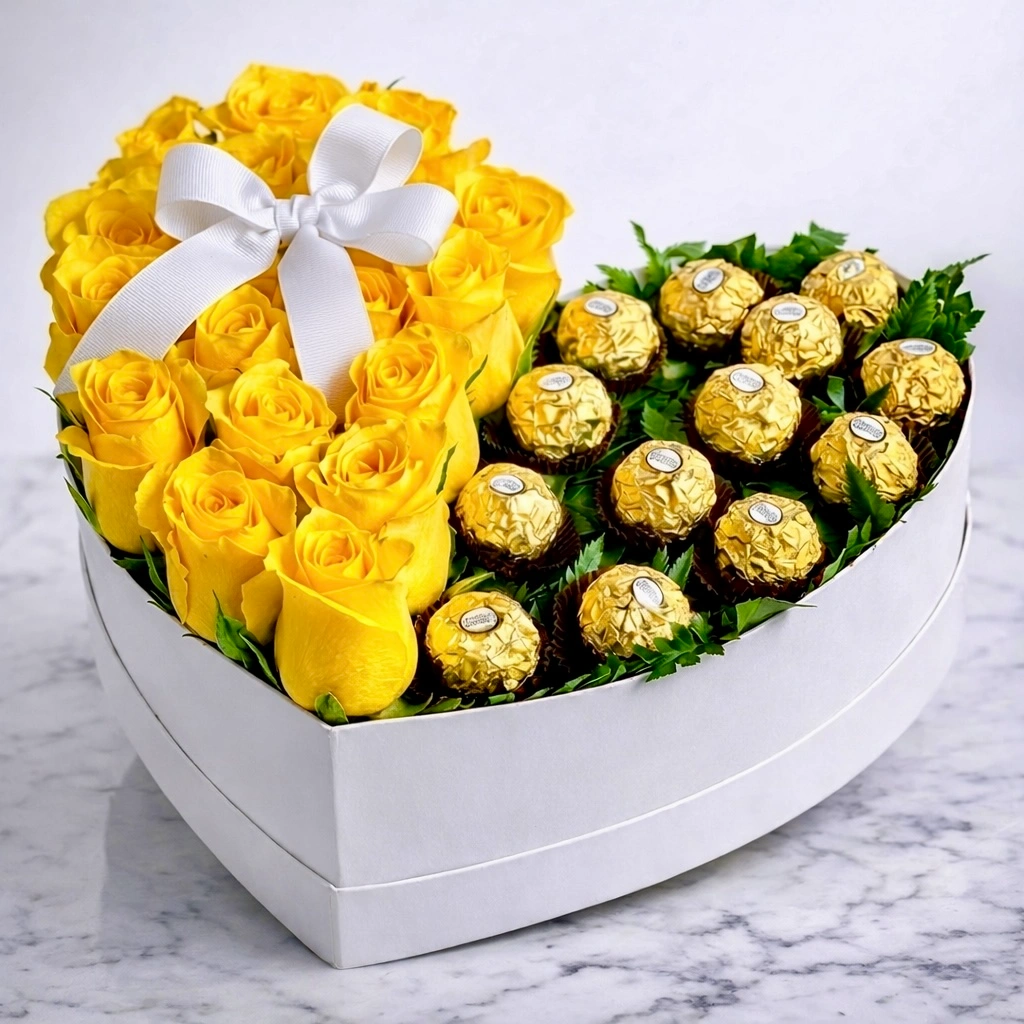 Luxury white heart box with 21 yellow roses and 13 Ferrero Rocher chocolates arranged elegantly for gifting
