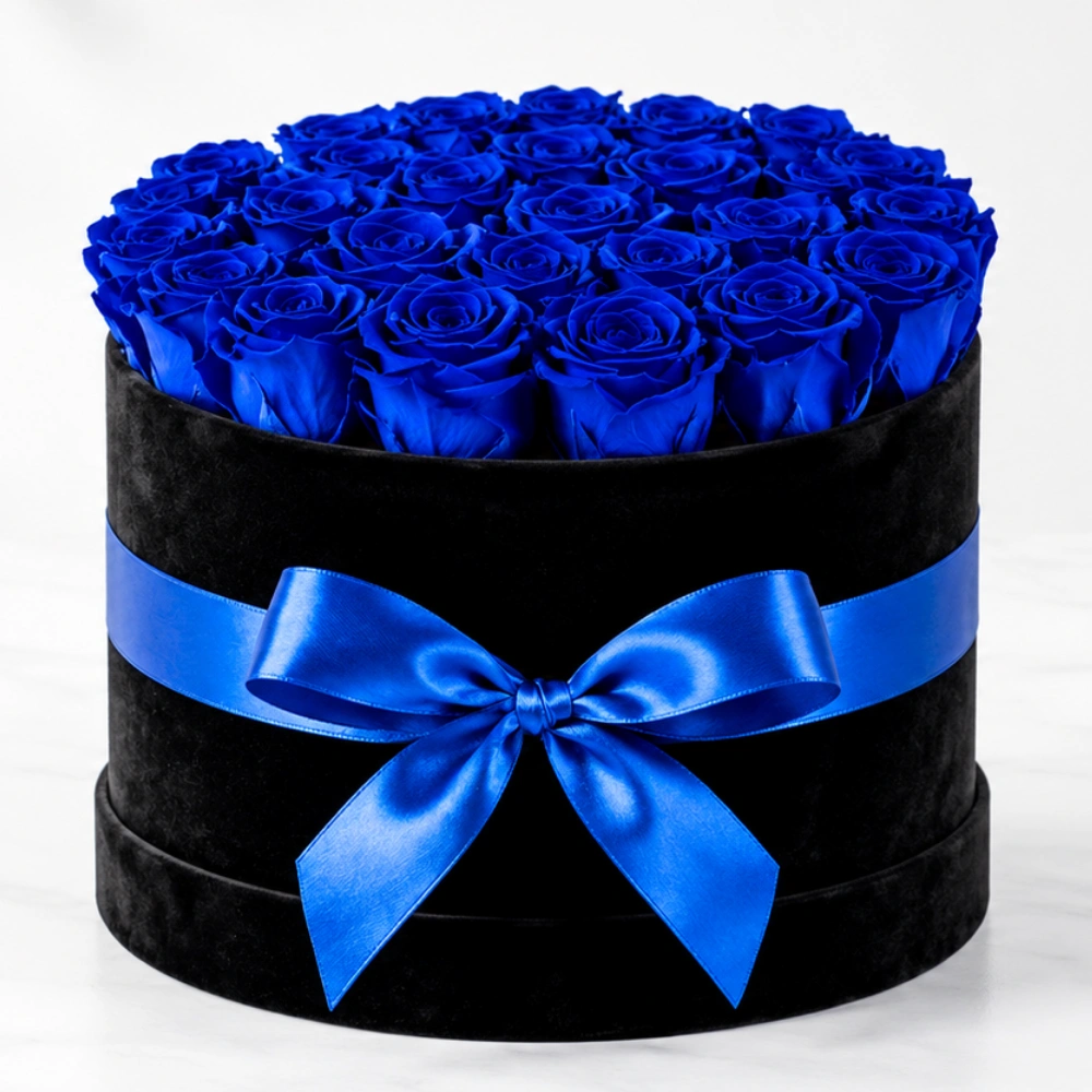 21 dark blue roses black box arrangement with premium luxury floral presentation for special occasions