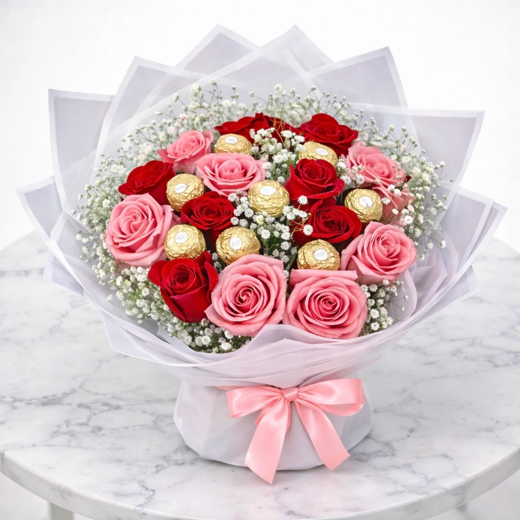 Mixed-Roses-&-Ferrero-Rocher-Bouquet-7-Pink-7-Red-Roses-with-7-Chocolates-2