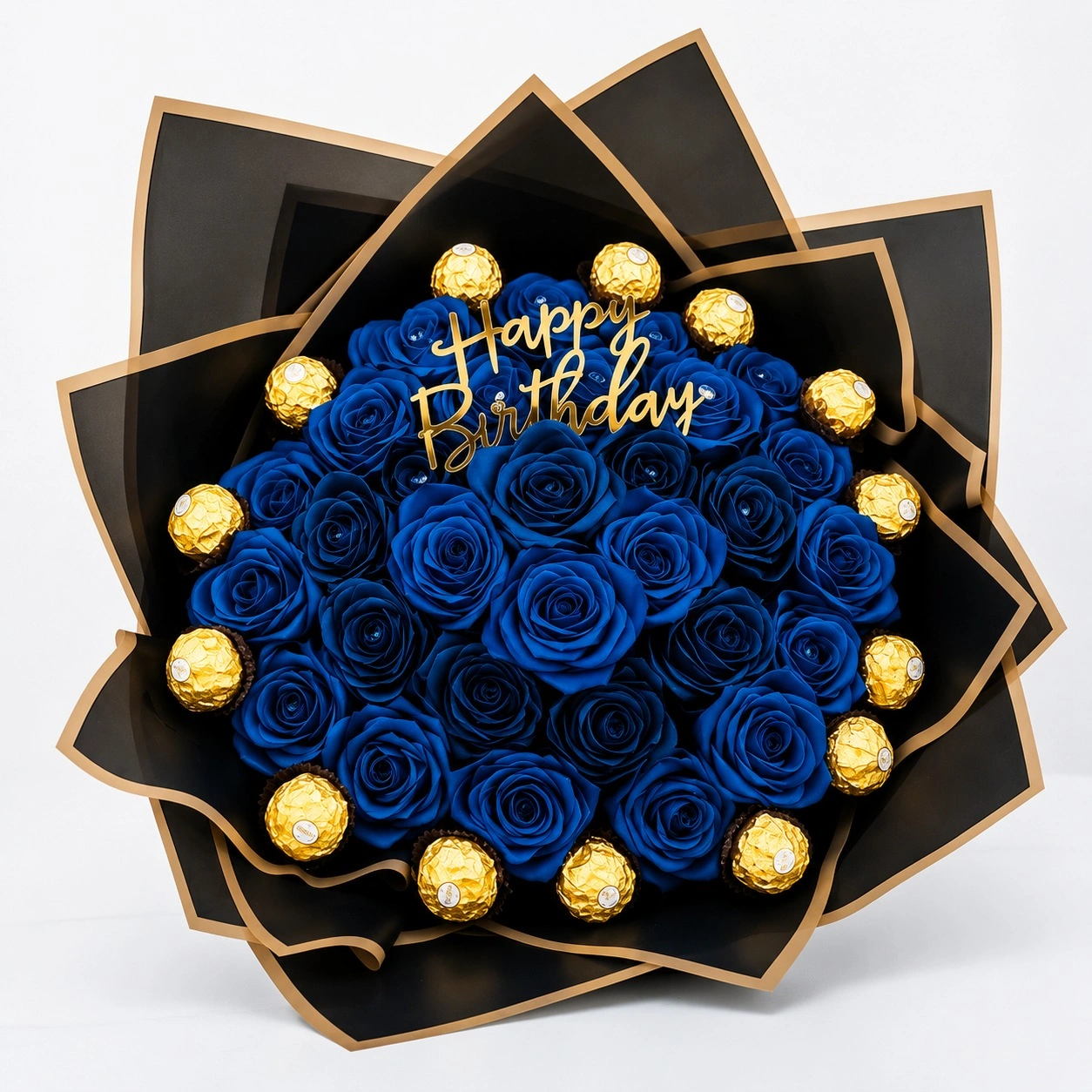 Sapphire Dream Box with 31 blue roses and Ferrero Rocher chocolates arranged in a premium luxury gift box