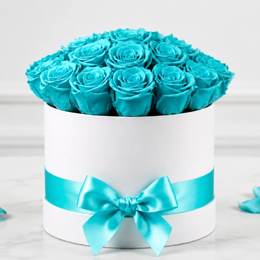 31 light blue roses white box arrangement with premium floral presentation for luxury gifting