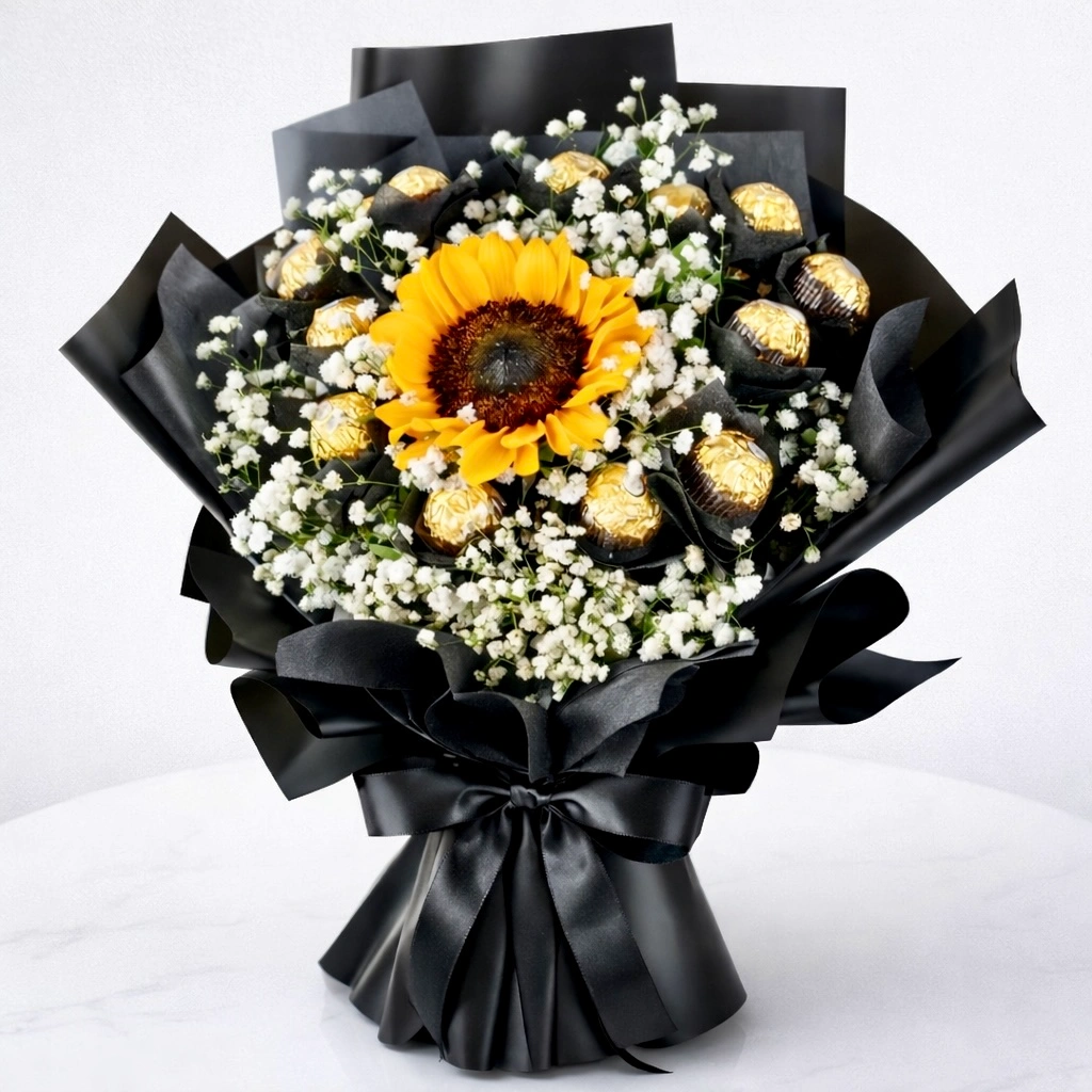 Sunflower and Ferrero Rocher chocolate bouquet arranged in elegant premium wrapping