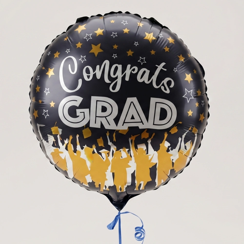 Black Congrats Grad 18-inch foil balloon for graduation celebrations, gift hampers, flower bouquets, and congratulatory surprises