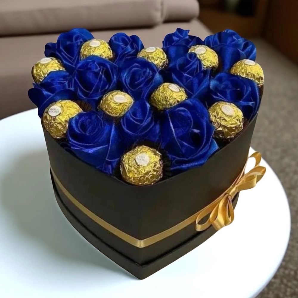 Heart Shape Arrangement of blue rose with chocolates