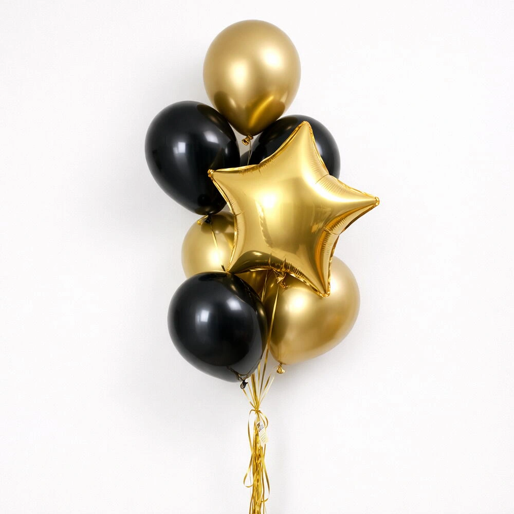 Gold star foil balloon with black and gold latex balloon set for birthdays, graduations, anniversaries, and party decorations
