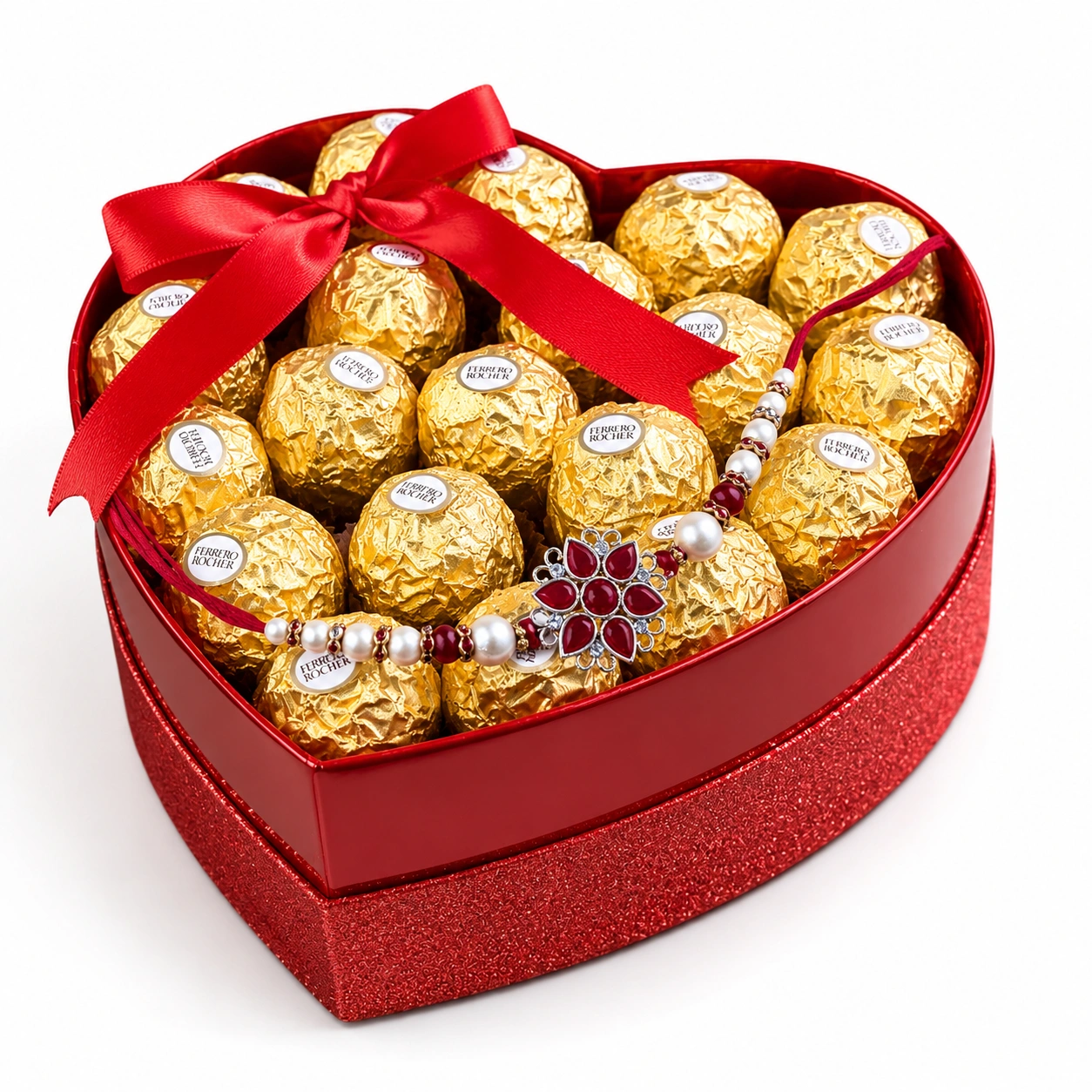 heart shaped red box and elegant Rakhi