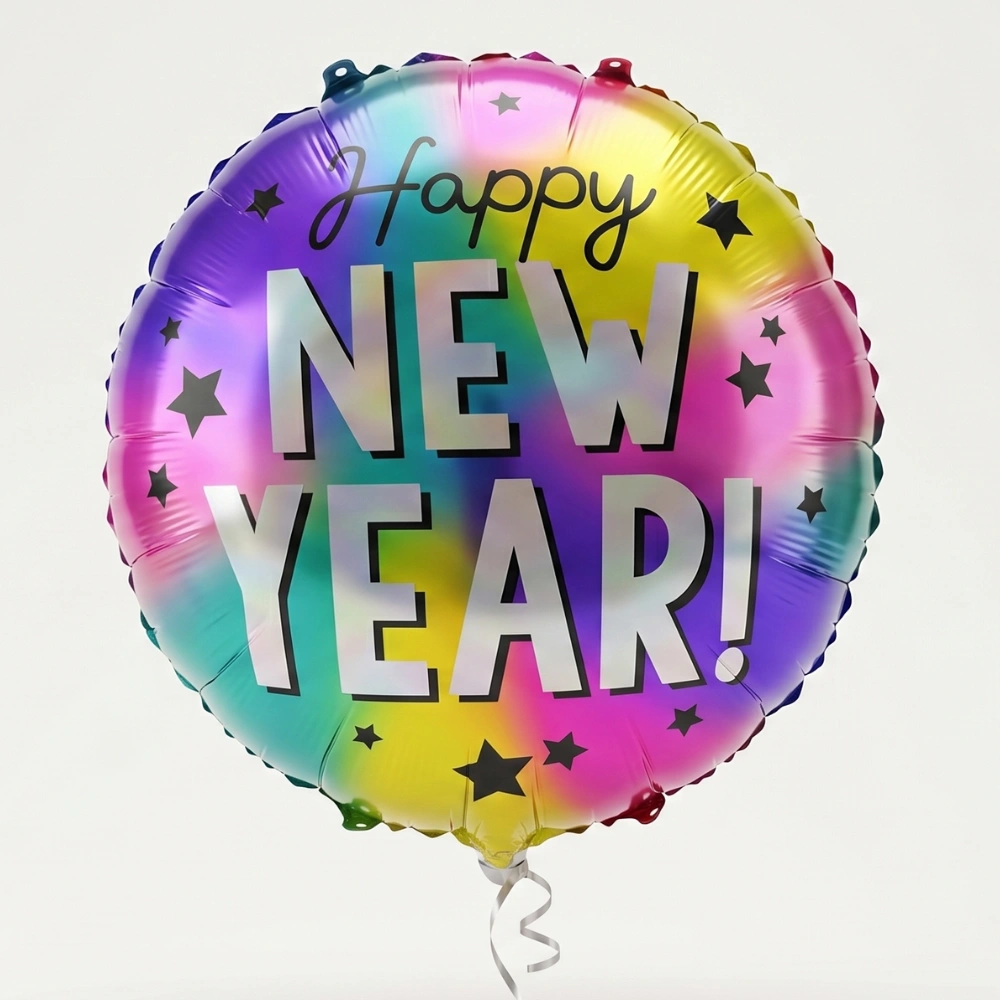 Multi-color Happy New Year helium-filled 18-inch foil balloon for countdown parties, family celebrations, and festive New Year décor