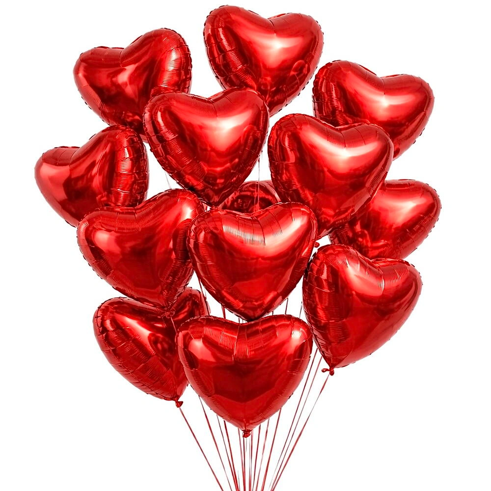 Set of 15 red heart foil balloons for Valentine's Day, weddings, anniversaries, romantic room décor, and love-themed celebrations