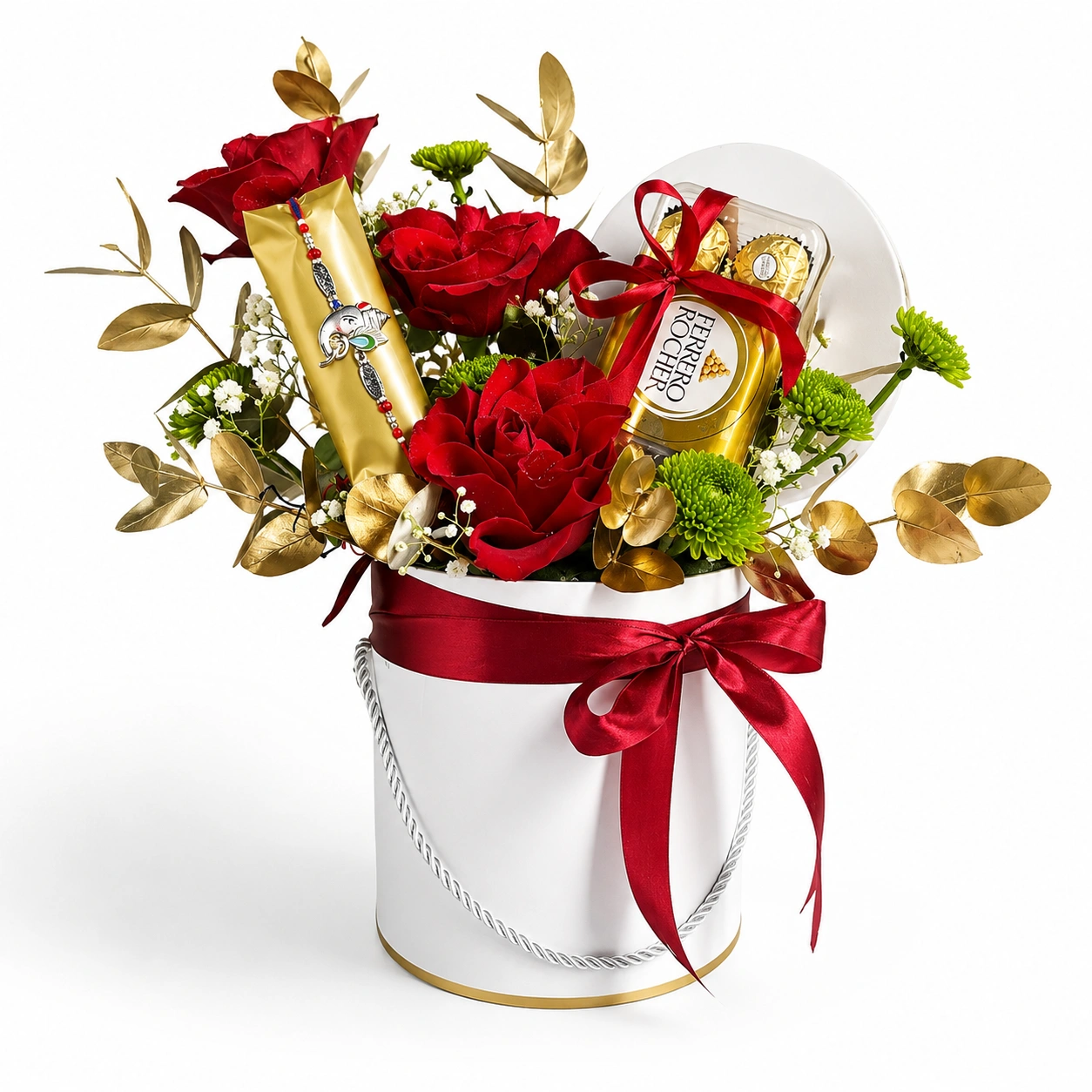 Ferrero Rocher and festive Rakhi
4. Elegant white gift box featuring flowers