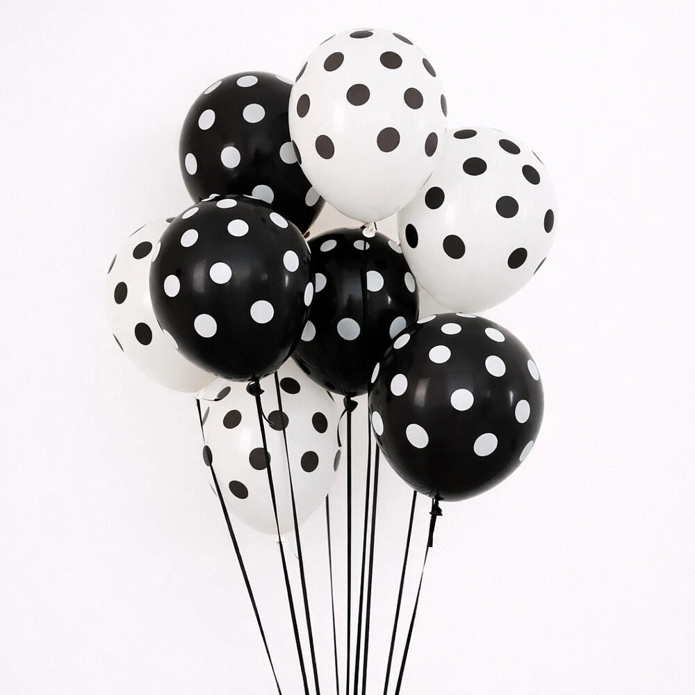 Black and white polka dot latex balloon set with 8 premium balloons for birthday parties, themed events, and stylish decorations