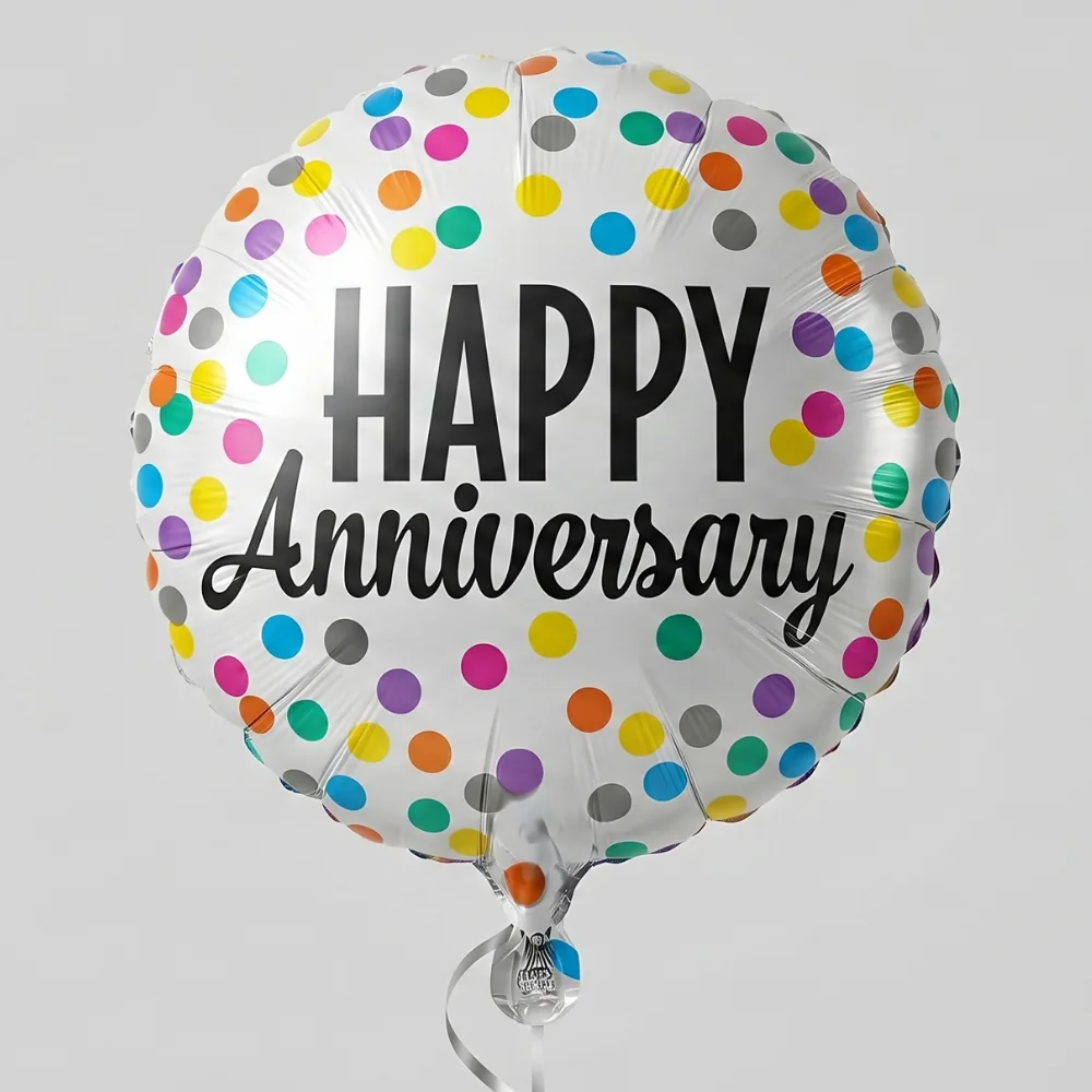 18-inch round multicolor Happy Anniversary foil balloon for romantic celebrations, surprise setups, and anniversary decorations