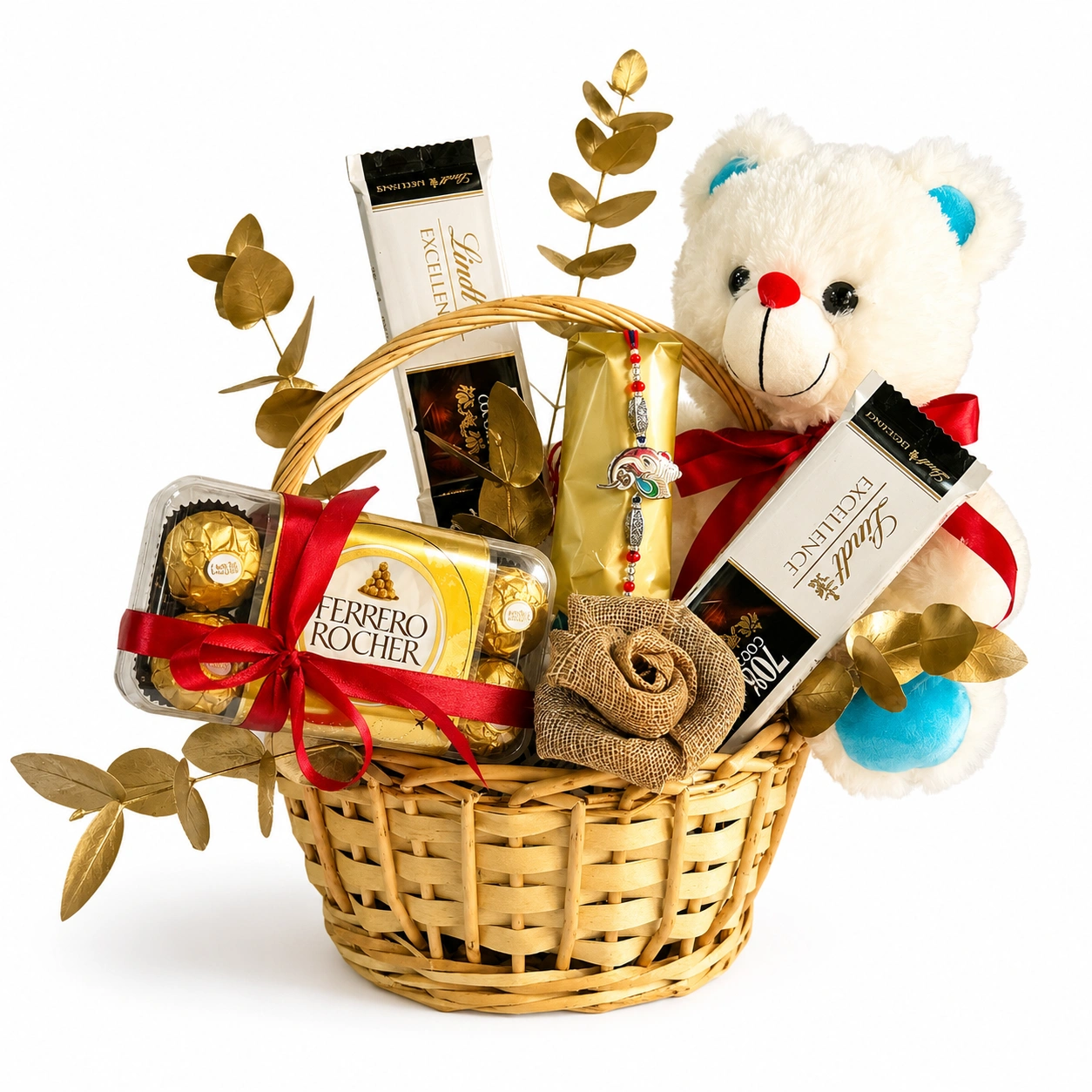 Rakhi Celebration Basket Hamper with Ferrero Rocher chocolates, Lindt chocolate bars, teddy bear and designer Rakhi