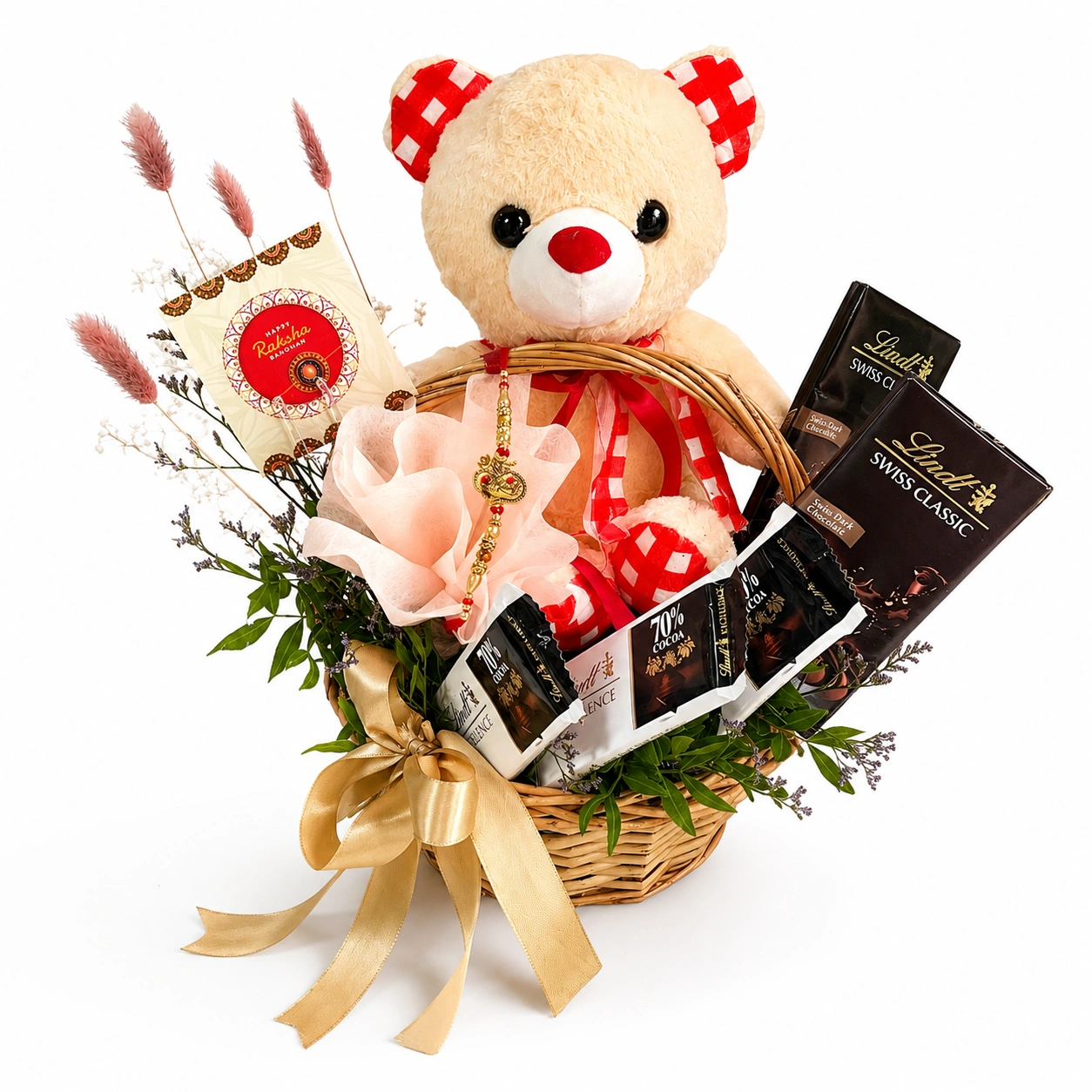 Rakhi Delight Hamper with Lindt Swiss chocolates, teddy bear and designer Rakhi in an elegant gift basket