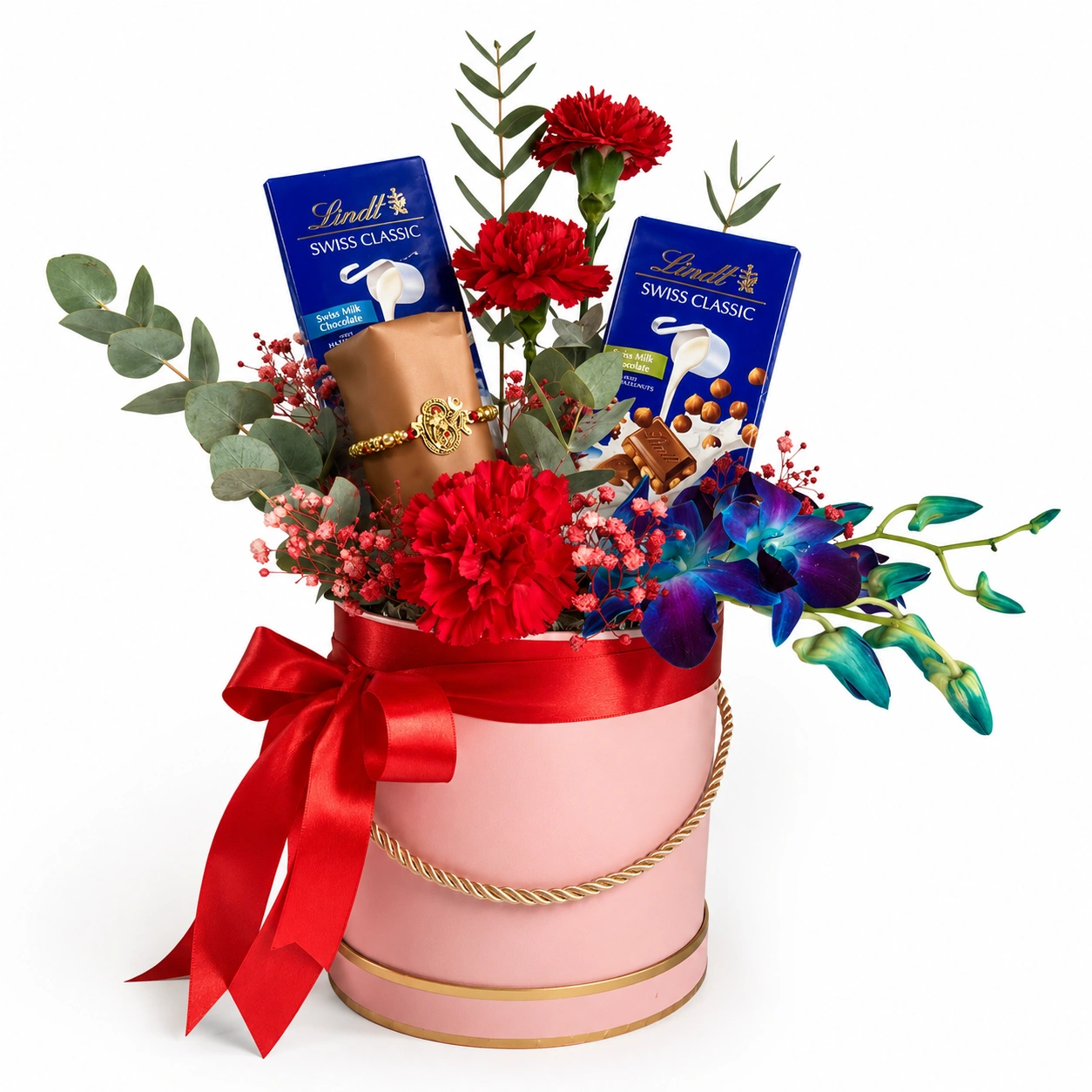 Royal Bond Rakhi hamper with red carnations, blue orchid, Lindt chocolates and designer Rakhi in white round box