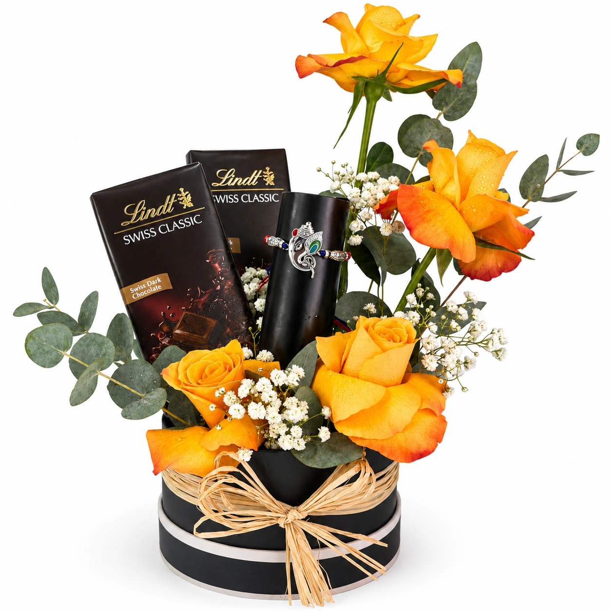 Sunset Glow Rakhi gift box with orange roses, Lindt chocolates and designer Rakhi in elegant black round box