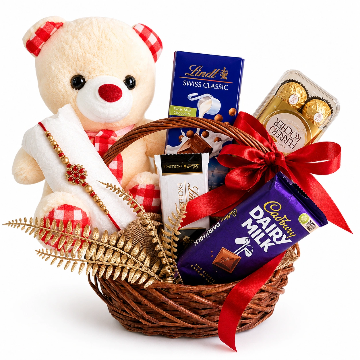 Sweet Rakhi Treats Gift Basket Hamper with Ferrero Rocher, Lindt chocolates, Dairy Milk and designer Rakhi