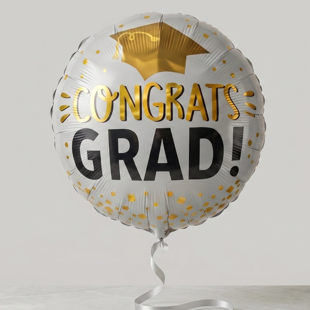 White Congrats Grad 18-inch foil balloon for graduation celebrations, bouquets, flower arrangements, and congratulatory gifts
