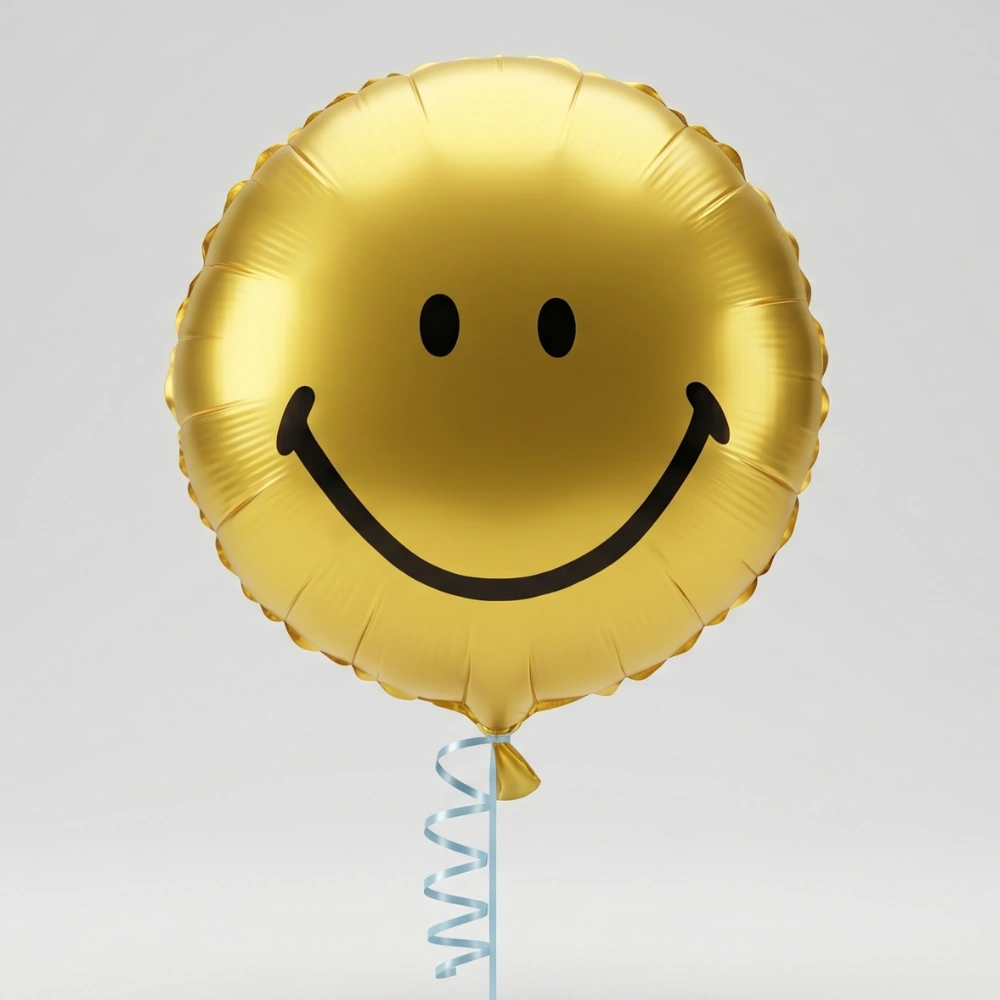 Yellow smiley face round 18-inch foil balloon for birthdays, parties, celebrations, surprise gifts, and cheerful event decorations